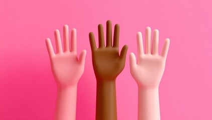 Obraz premium Three hands are raised in the air, one of which is black, one is brown