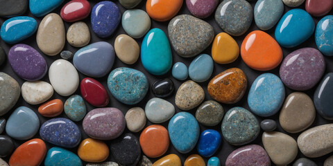 An eye-catching assortment of colorful, polished pebbles, beautifully arranged on a dark surface.