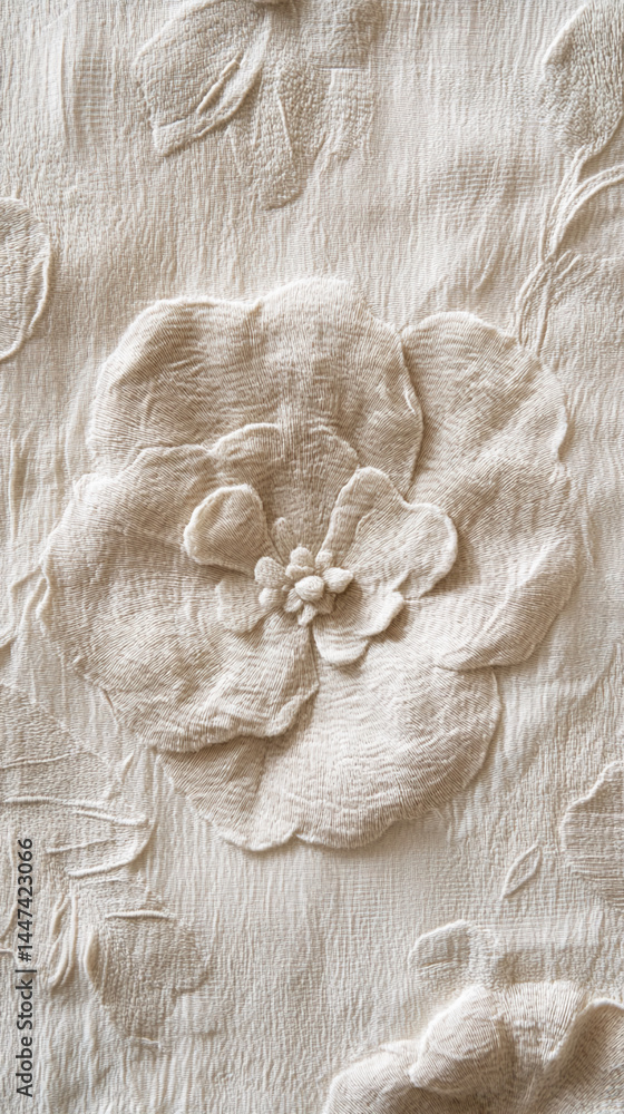 Poster beige fabric texture with embossed flower detail, showcasing a delicate, textured surface ideal for 