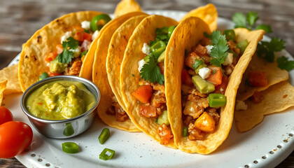 Colorful Tacos Served with Fresh Ingredients and Guacamole on a Rustic Wooden Table