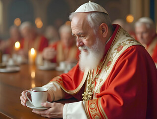 solemn religious figure, possibly a cardinal given the clothing, with a fair complexion