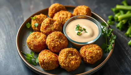Crispy Golden Fried Balls with Dipping Sauce on Rustic Plate