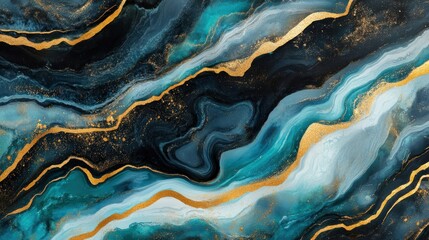 Abstract marbled design featuring teal, blue, and gold tones.