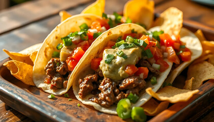 Delicious Beef Tacos with Fresh Toppings and Crispy Tortilla Chips on Wooden Table