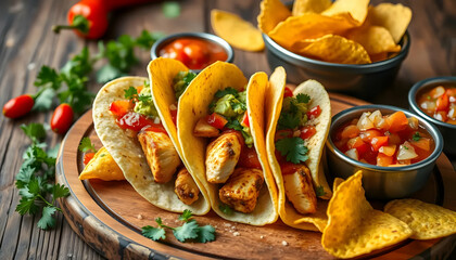 Delicious Chicken Tacos with Salsa and Chips on a Wooden Platter
