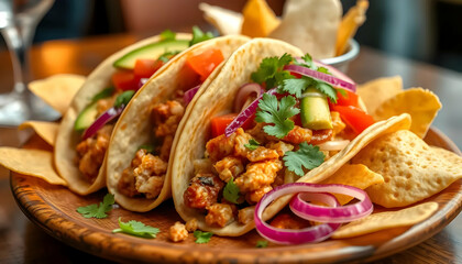 Delicious Chicken Tacos With Fresh Vegetables And Tortilla Chips On A Wooden Serving Plate