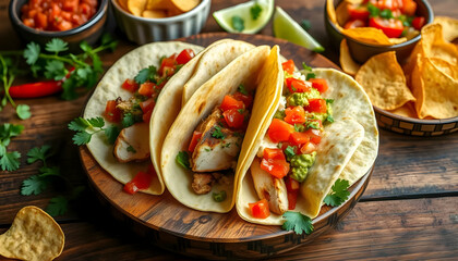 Delicious Fish Tacos On Wooden Board With Toppings And Sides