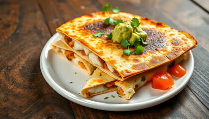 Delicious Golden Brown Quesadilla Served on a White Plate with Fresh Guacamole and Cherry Tomatoes