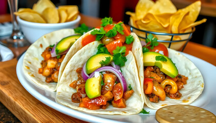 Delicious Soft Tacos Filled with Fresh Ingredients on a Wooden Plate