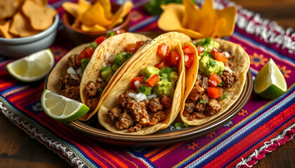 Delicious Tacos with Fresh Ingredients on Colorful Textile Tablecloth