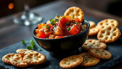 Delicious Tomato Salsa Served with Crunchy Crackers