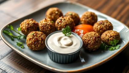 Golden Brown Falafel Balls Served with Tahini Sauce and Fresh Garnish on a Neutral Plate