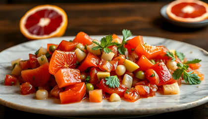 Fresh Vegetable Salad with Red Pepper and Citrus Slices on a Marble Plate