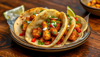 Three Tacos Filled with Spicy Chicken and Fresh Vegetables on a Wooden Table