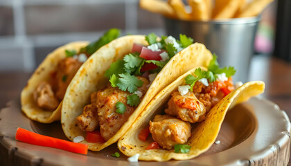 Colorful Chicken Tacos with Vegetables Served on a Wooden Plate