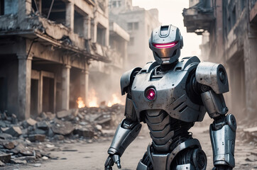 A rugged robot stands guard amidst the ruins of a war-torn city, fire in the background.