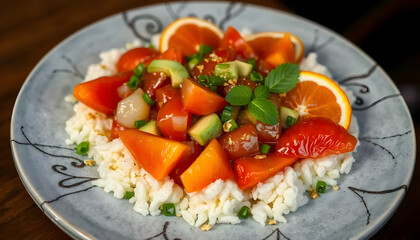 Colorful Fruit Salad on Rice with Fresh Herbs and Citrus Slices in a Decorative Bowl