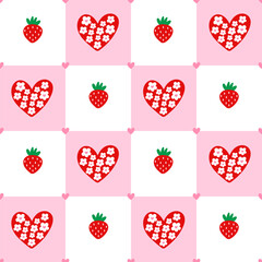 Strawberry and heart pattern with romantic and minimal elements. Great for Valentines Day fabric, children apparel, and stylish fruit-themed wrapping paper