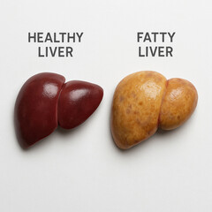 A side-by-side comparison of a healthy liver vs. a fatty liver, both placed on a clean white surface — the fatty liver appearing swollen, discolored, and slightly greasy