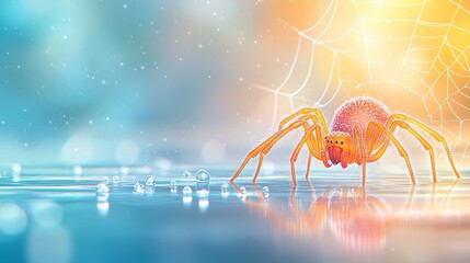 Colorful Spider on Web in Tranquil Water with Sunlight Reflection