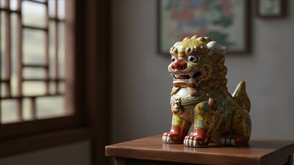 Colorful Foo Dog Statue on Wooden Table