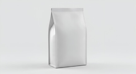 Blank white food pouch, standing upright against a plain background.  Features a smooth, glossy finish and a simple, modern design