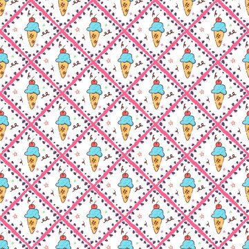 Fototapeta Seamless pattern, block pattern, decorated with colorful ice cream, cute cartoon lines, suitable for decorating graphic design, textiles, packaging.