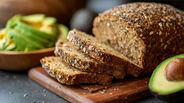 A freshly baked loaf of whole grain bread sliced and displayed on a wooden board, showcasing the texture and seeds that highlight its wholesome goodness.
