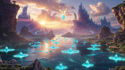 Serene lake with floating crystals and distant mountain peaks at sunset