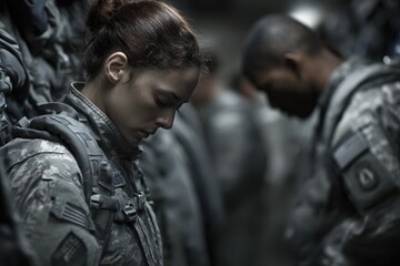 Fototapeta premium Solemn Soldiers: Focused Woman in Military Camo, Respect, Group of Servicemen, Dark Background, Photo
