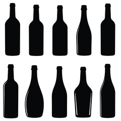 Set of silhouettes of wine bottles. Vector illustration in flat style