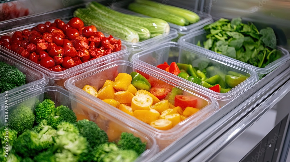 Poster frozen vegetables neatly stored in transparent containers inside an industrial freezer.
