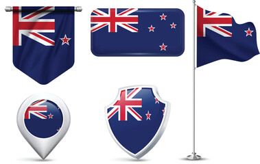 Set of New Zealand Flags in Different Shapes and Styles