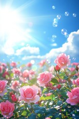 Obraz premium Pink rose garden, sunny sky, bubbles
