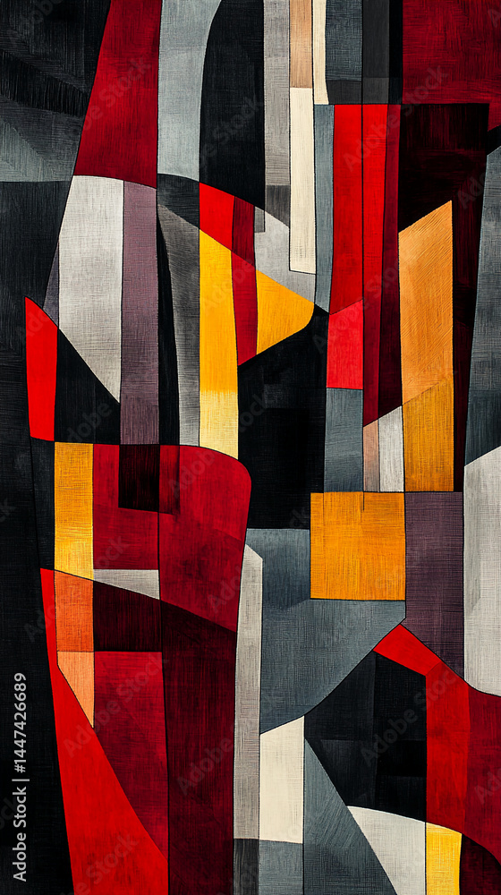Poster abstract geometric art with red, gray, yellow, and black shapes, creating a textured, modern design.