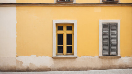 Fototapeta premium A striking yellow wall features two windows, one with shutters, offering a captivating architectural view.