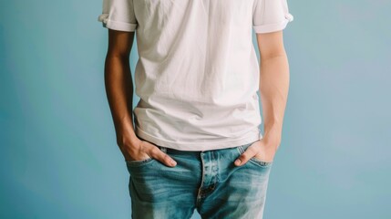 Obraz premium Person wearing plain white t-shirt with jeans