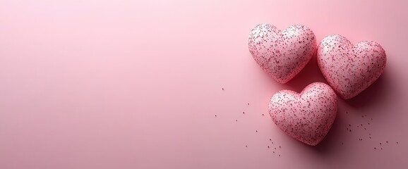 Obraz premium Three pink, glittery heart decorations sit on light-pink surface with ample free space for text