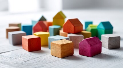 Obraz premium Vibrant collection of wooden blocks arranged on a white surface creating playful pattern