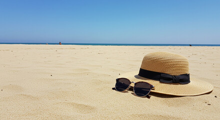hat and sunglasses on the beach, shore, tourism, wave, island, relax