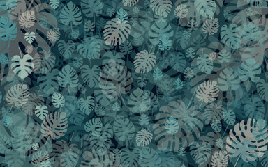 Background with monstera leaves. Moody non seamles pattern with tropical foliage in different size, shape and colors. for decoration, web, scrapbooc, stationery
