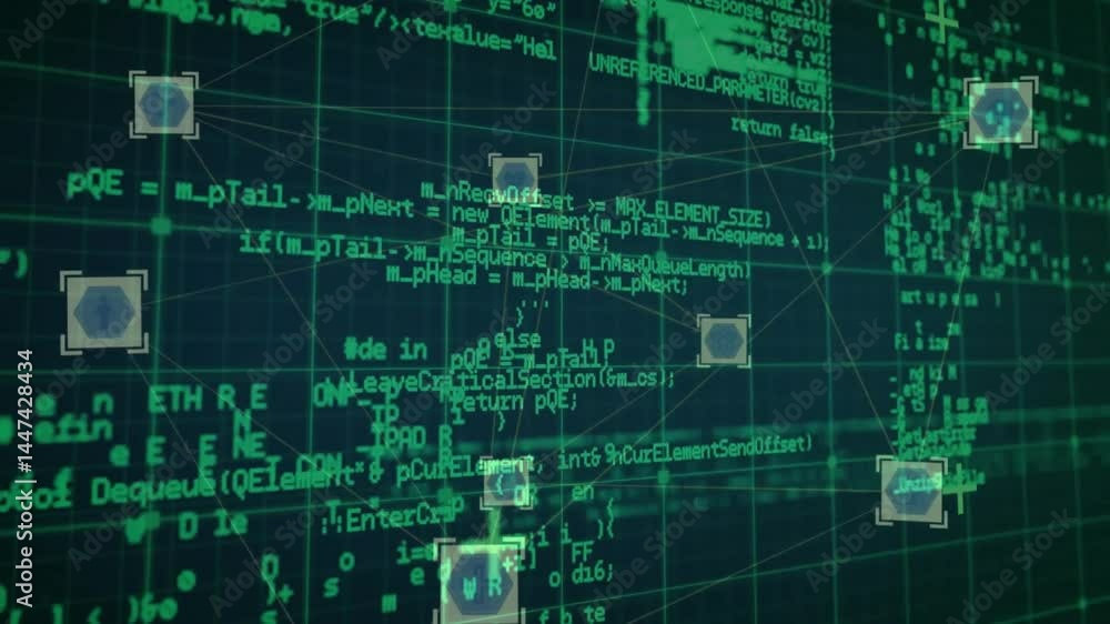 Poster digital network visualization flowing across teal green grid, connecting glowing hexagonal nodes