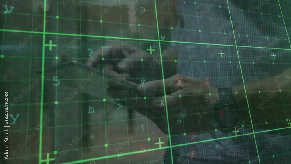 Poster man holding tablet while exploring technology data visualization with animated green grid overlay