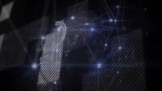 Circular gauge displaying 142 being animated in dark digital HUD, with glowing nodes and fine lines
