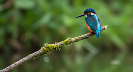 Fototapeta premium Serene Kingfisher on Mossy Branch: A Vivid Jewel of Nature