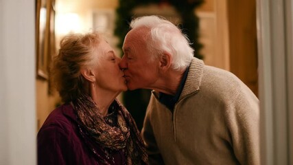 An elderly couple shares a tender moment with a loving kiss, showcasing their deep connection and affection for each other in the warmth of their home environment.
