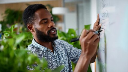 A focused man writes ideas on a glass whiteboard in an office surrounded by plants, showcasing a modern workspace filled with creativity and collaboration. - Powered by Adobe