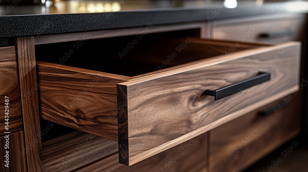 Aufkleber open walnut wood drawer showcasing rich grain texture and sleek black handle, representing quality c