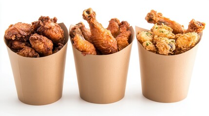 Three paper cups filled with fried chicken wings, drumsticks, and popcorn chicken.