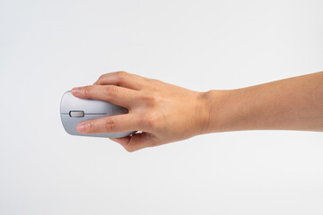 Fototapeta premium Hand and computer mouse wireless on white background.
